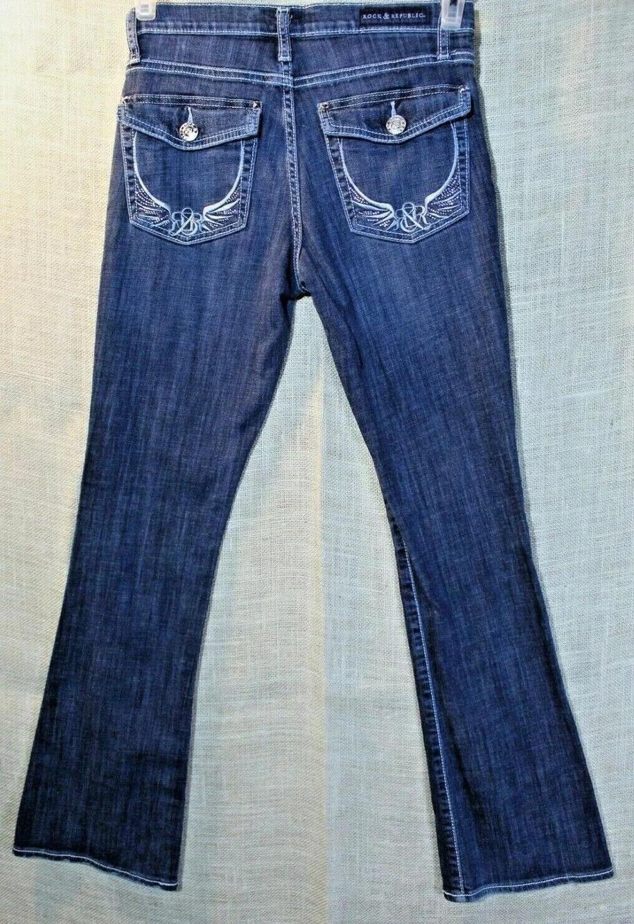 Rock & Republic Jeans Womens 29 Blue Bootcut Embroidered Rhinestone Flap Pockets